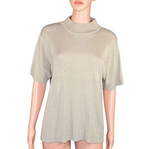 Studio Works Classic Tan Ribbed Top Mock Neckline Short Sleeve Layering Piece XL